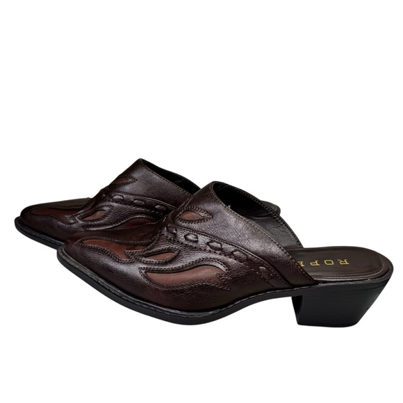 Roper Brown Tooled Leather Western Flame Mules Clogs Pointed Toe Heels Size 10 - Picture 8 of 10